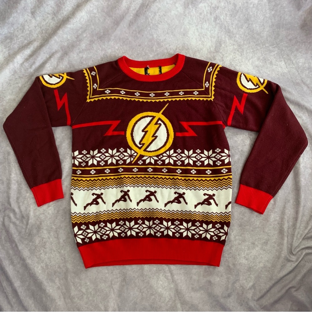The Flash Ugly Christmas Sweater Mens M Lightning Bolt Pullover  DC comics Read